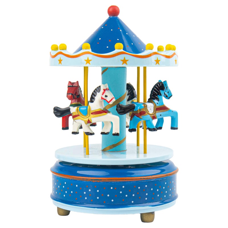 AUEAR, Vintage Mini Music Box Figurine Birthday Gift Table Decor (Carousel Wooden Horses Sky Blue) - Image 1